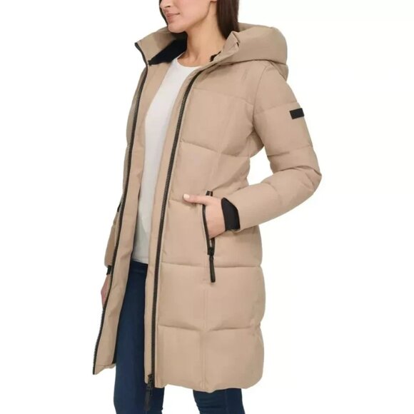 NWT Calvin Klein Women’s Faux Fur Lined Hood Oxford Puffer Jacket Tan Large - Picture 2 of 13